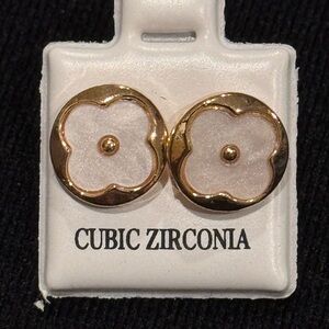 Gold and White Clover Stud Earrings .4 inch